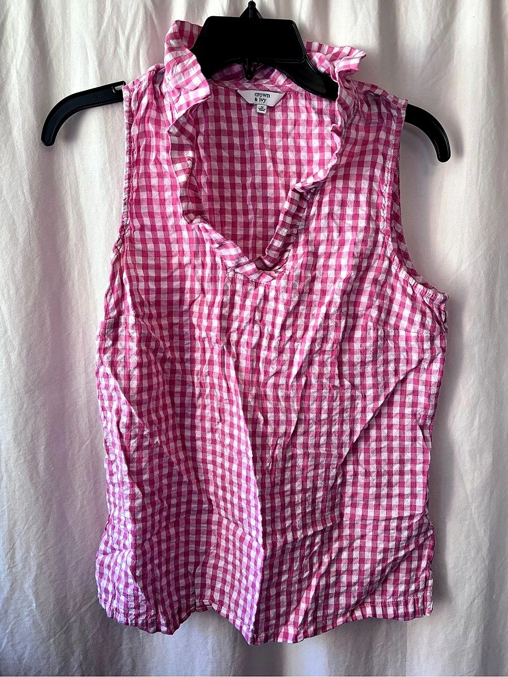 Crown & Ivy Sleeveless Ruffle Neck Top Gingham Blouse Pink & White Medium